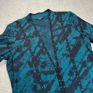 MISSOOK Teal Black Abstract Print Long Sleeve Open Front Cardigan Sweater Medium